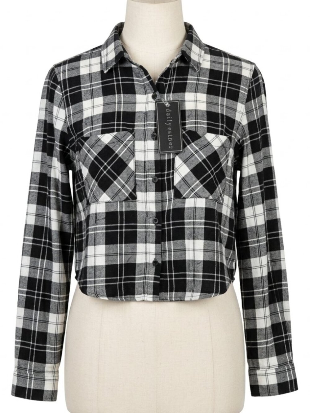 Polly & Esther Black & White Plaid Cropped Flannel Button Down Shirt - NWT